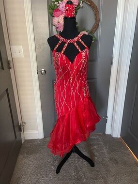 Red Beaded Latin Ballroom Dance Competition Dress with Ruffled Hem, Size Large